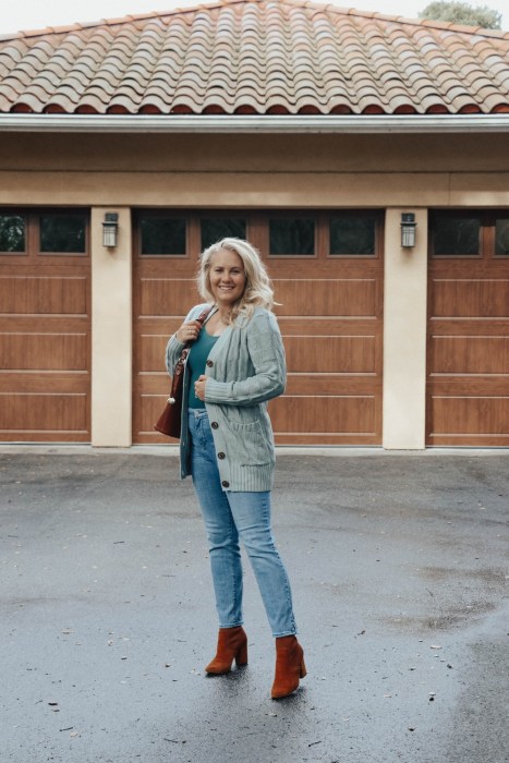 Winter outfit ideas wearing a cable knit cardigan. #outfitideas #winteroutfit
