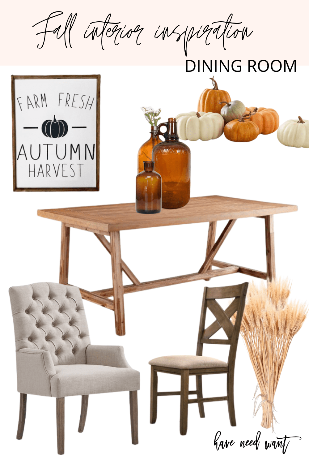 Fall dining room interior inspiration and fall decor. Amber glass jugs, farmhouse dining room furniture, and autumn sign.