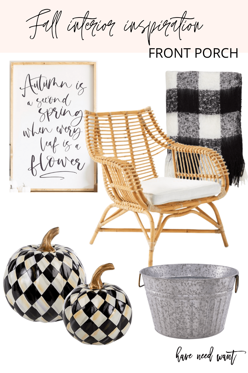 Fall front porch inspiration and decor. Buffalo check throw blanket, woven accent chair, Mackenzie Childs pumpkin accents for a chic fall porch.
