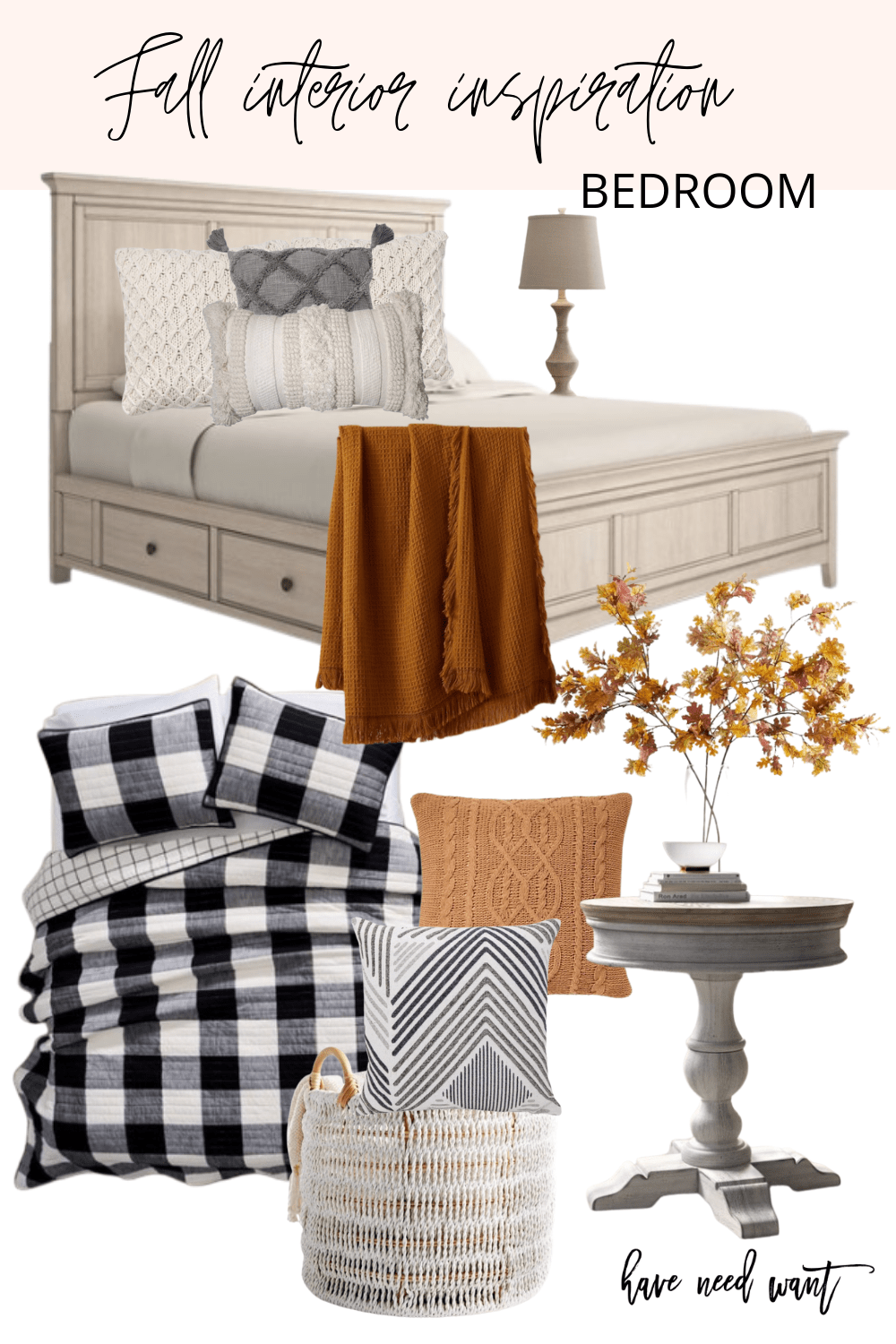 Fall interior inspiration and bedroom home decor. Love the buffalo check quilt, layers of throw pillows, and farmhouse furniture for a cozy fall bedroom setup.