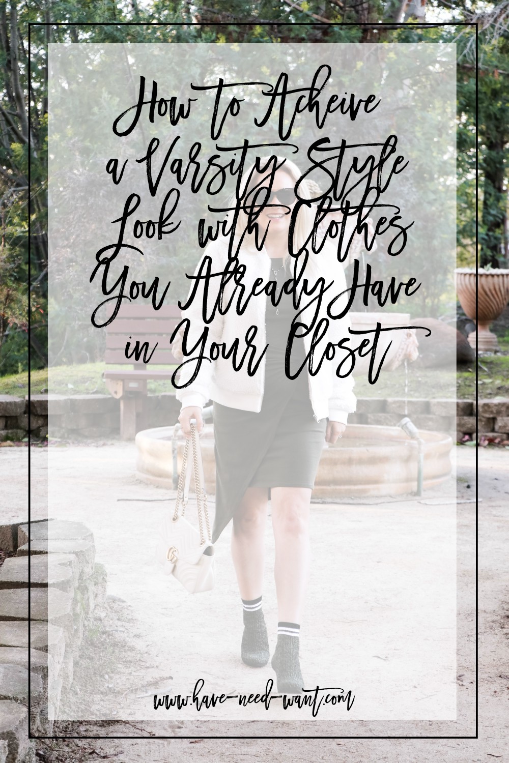 How to Acheive a Varsity Style Look with Clothes You Already Have in Your Closet. Click on the photo to read the post! | Have Need Want #varsitystyle #bomberjacket #sockbooties #casualoutfitinspo #casualstyle 