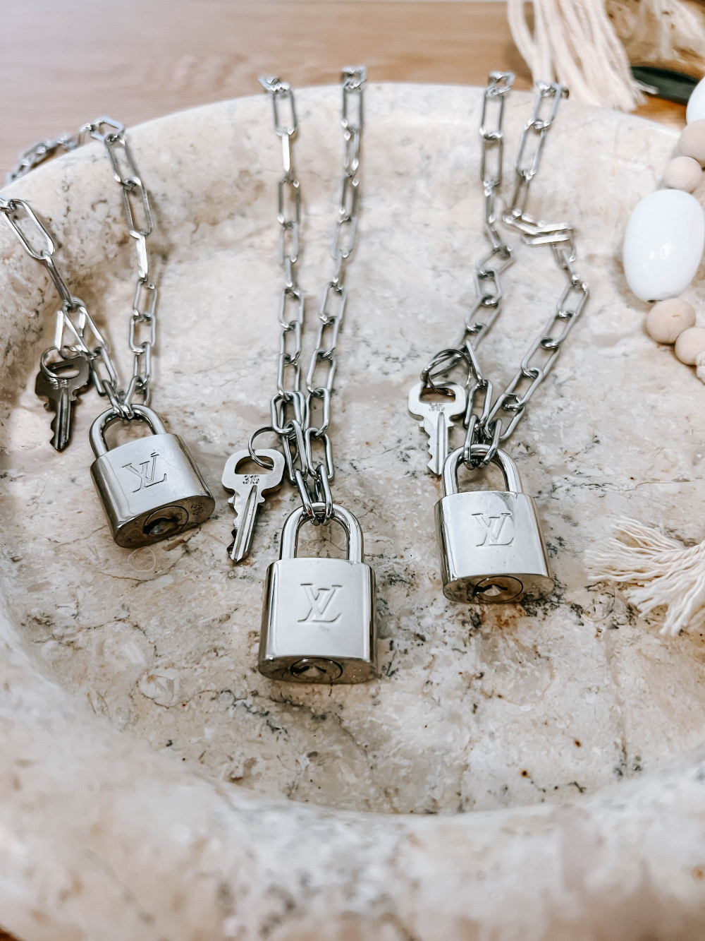 Silver Louis Vuitton Lock and Key Necklace