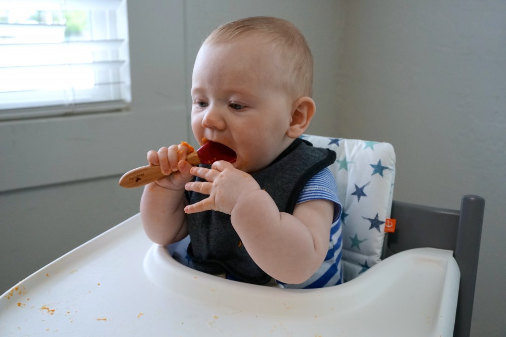 Mason's First Food Made Easier with Gathre Floor Mat-Avanchy Bamboo Spoon-Stokke High Chair-Gathre Mat-Have Need Want 3