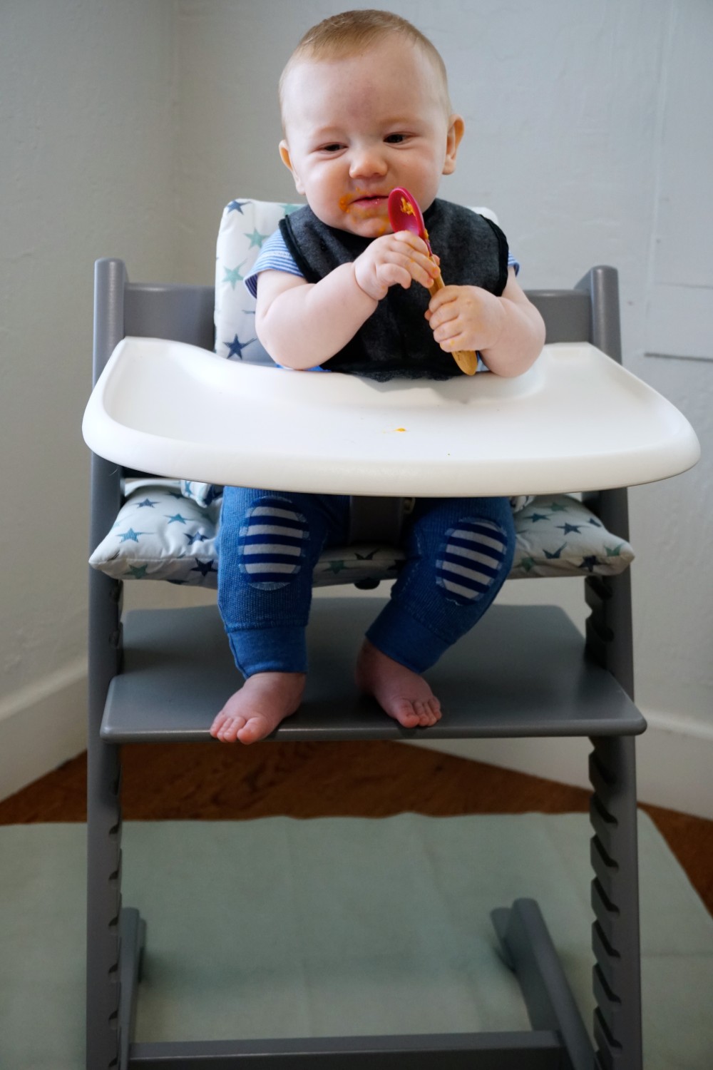 Mason's First Food Made Easier with Gathre Floor Mat-Avanchy Bamboo Spoon-Stokke High Chair-Gathre Mat-Have Need Want