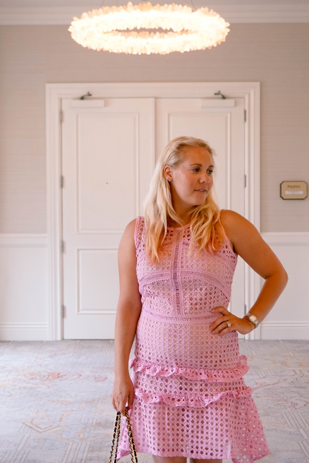 Pink Lace Dress-Borrowed by Design-Chanel Handbag-Self Portrait Pink Lace Dress Lookalike 4