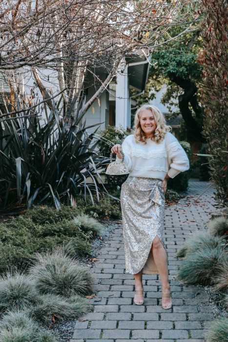 Silver sequin skirt and lace trim sweater for the holidays. Holiday party or holidays at home this skirt is perfect! #holidaystyle #winterstyle #holidayoutfit