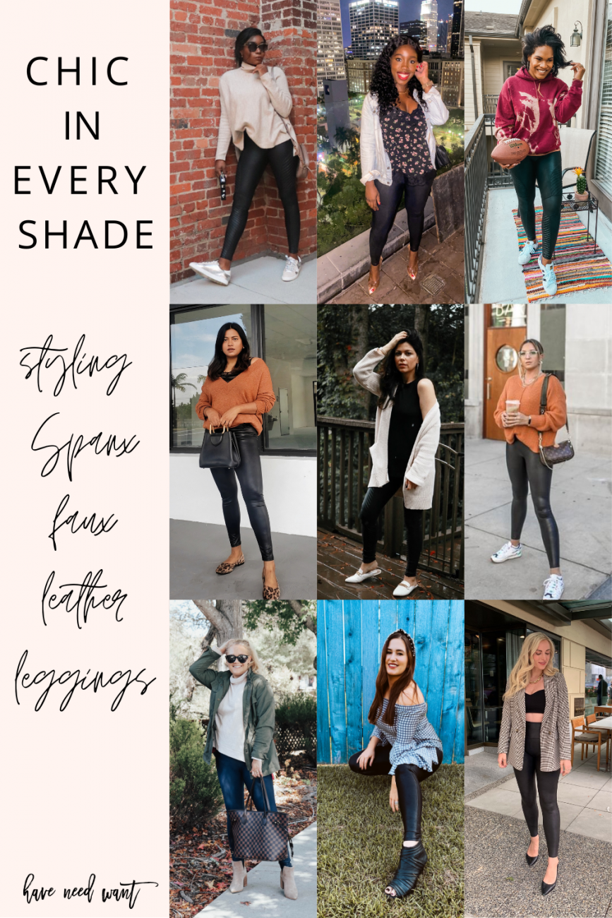 How to style Spanx faux leather leggings for fall. #chicineveryshade #spanxleggings #spanxfauxleatherleggings